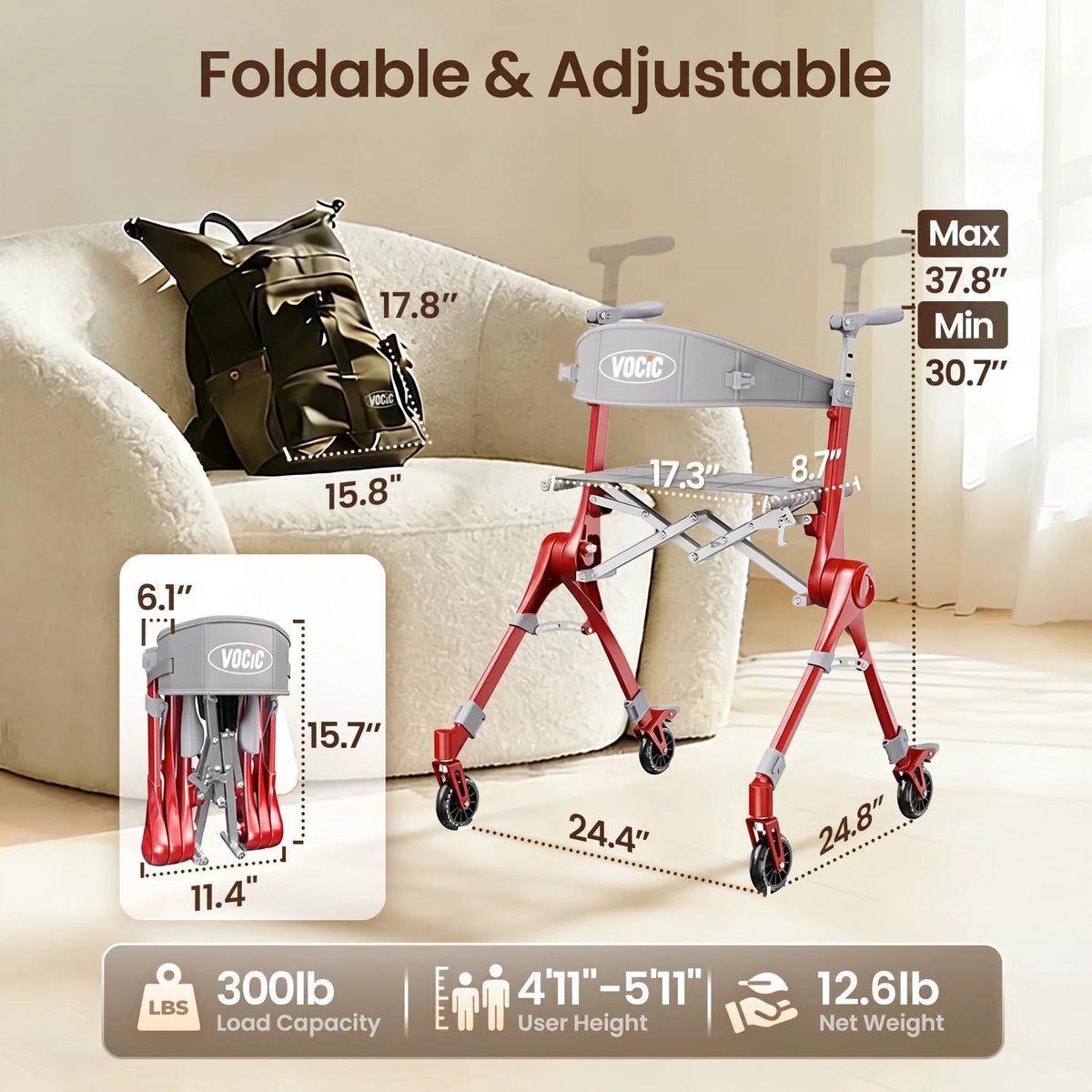 Ultra Lightweight Foldable Rollator for Adults – Z35 Walkers with Dual X-Design Supports 300 lbs Includes Carry Bag