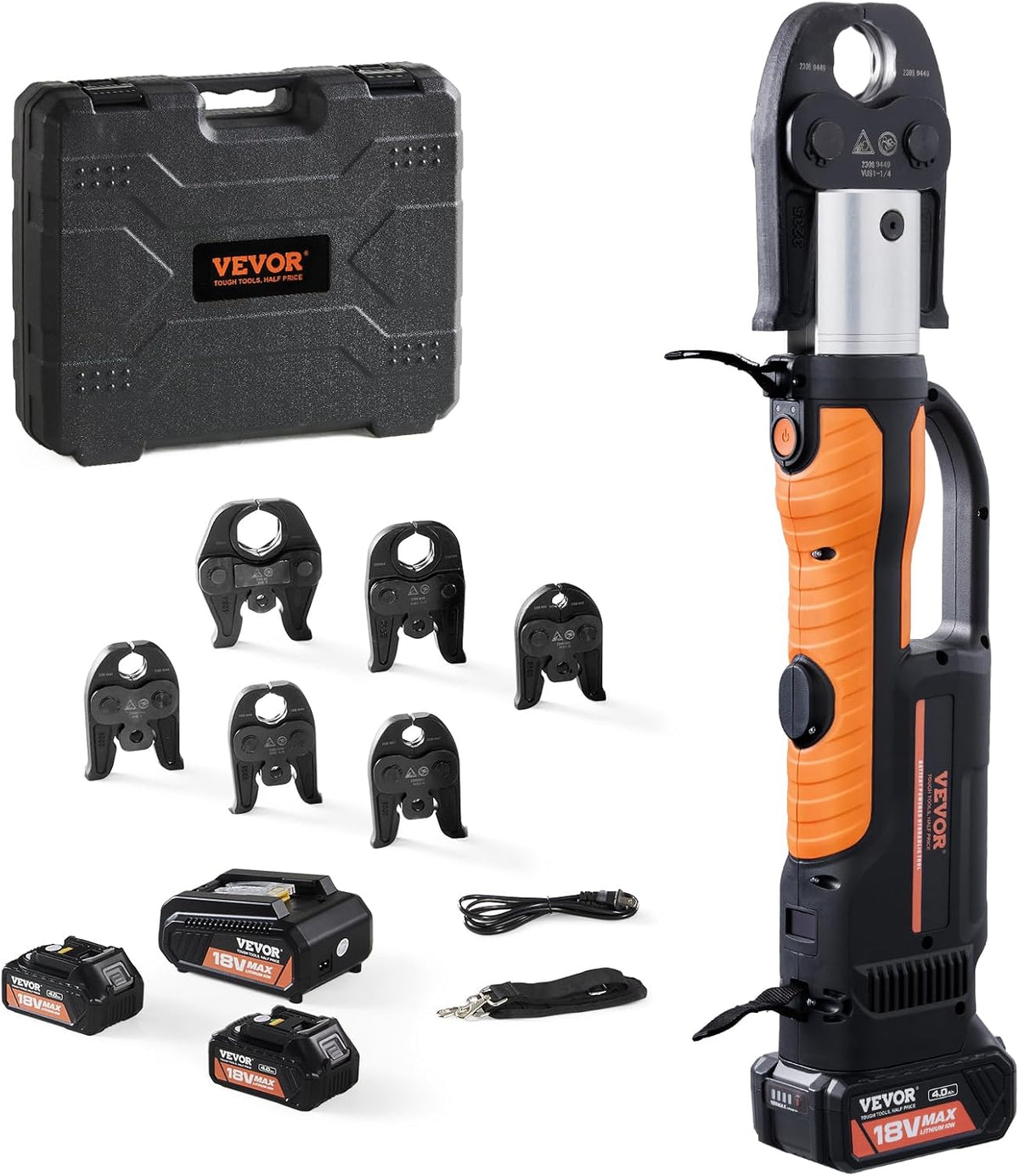 VEVOR 18V Electric Pipe Crimping Tool Press Tool Kit | 1/2" to 2" Copper Pipes, Compatible with ProPress, 6 VUS Press Jaws, 2pcs 4AH Battery & Fast Charger, Carrying Case