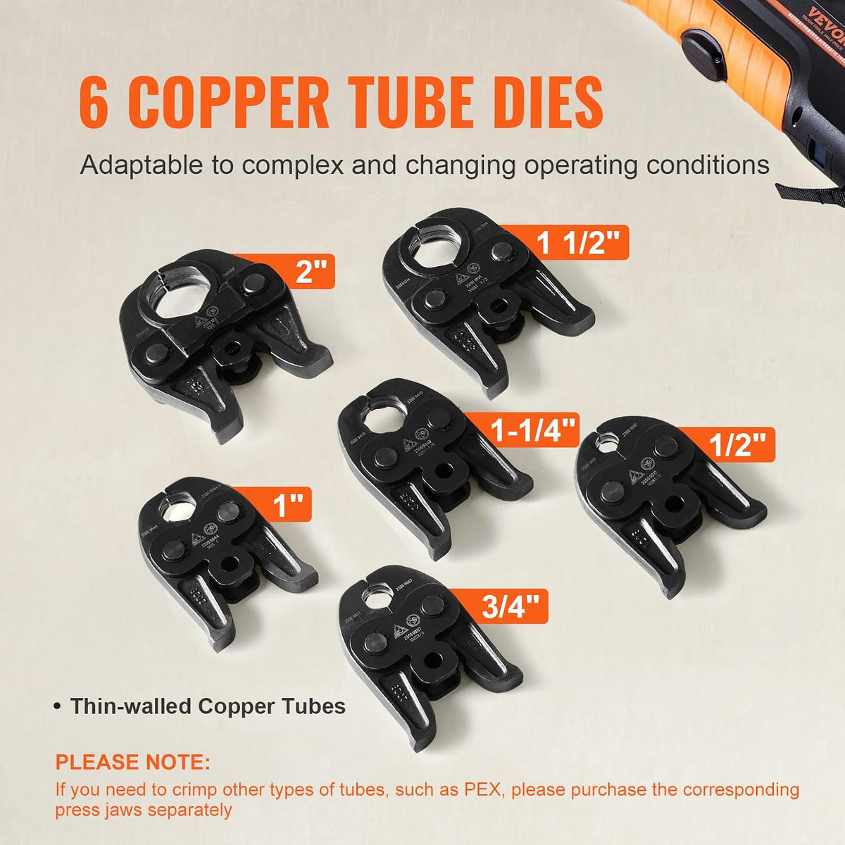 VEVOR 18V Electric Pipe Crimping Tool Press Tool Kit | 1/2" to 2" Copper Pipes, Compatible with ProPress, 6 VUS Press Jaws, 2pcs 4AH Battery & Fast Charger, Carrying Case