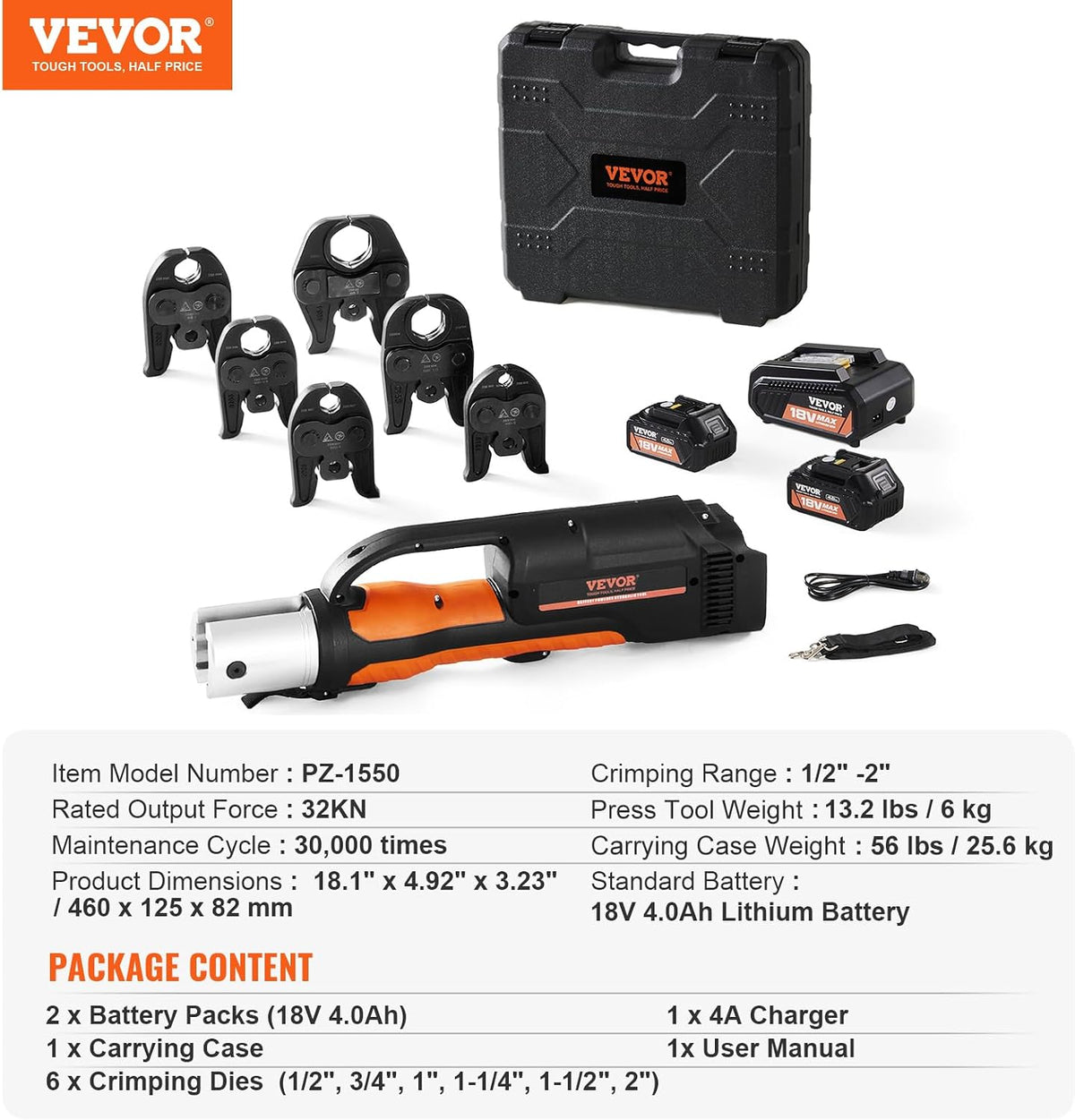 VEVOR 18V Electric Pipe Crimping Tool Press Tool Kit | 1/2" to 2" Copper Pipes, Compatible with ProPress, 6 VUS Press Jaws, 2pcs 4AH Battery & Fast Charger, Carrying Case