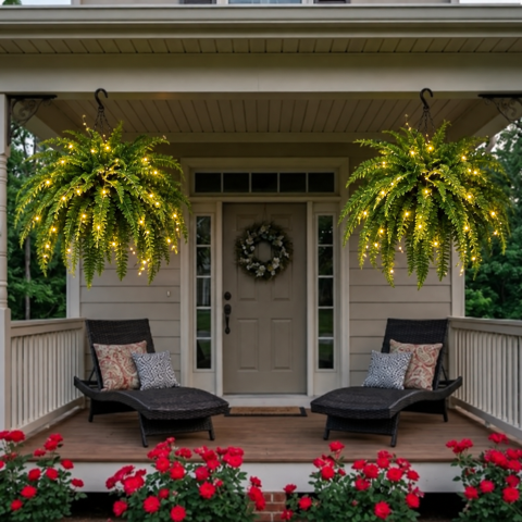 Lighted Boston ferns on front porch