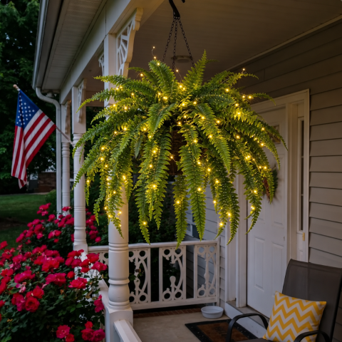 Lighted Boston fern on front porch