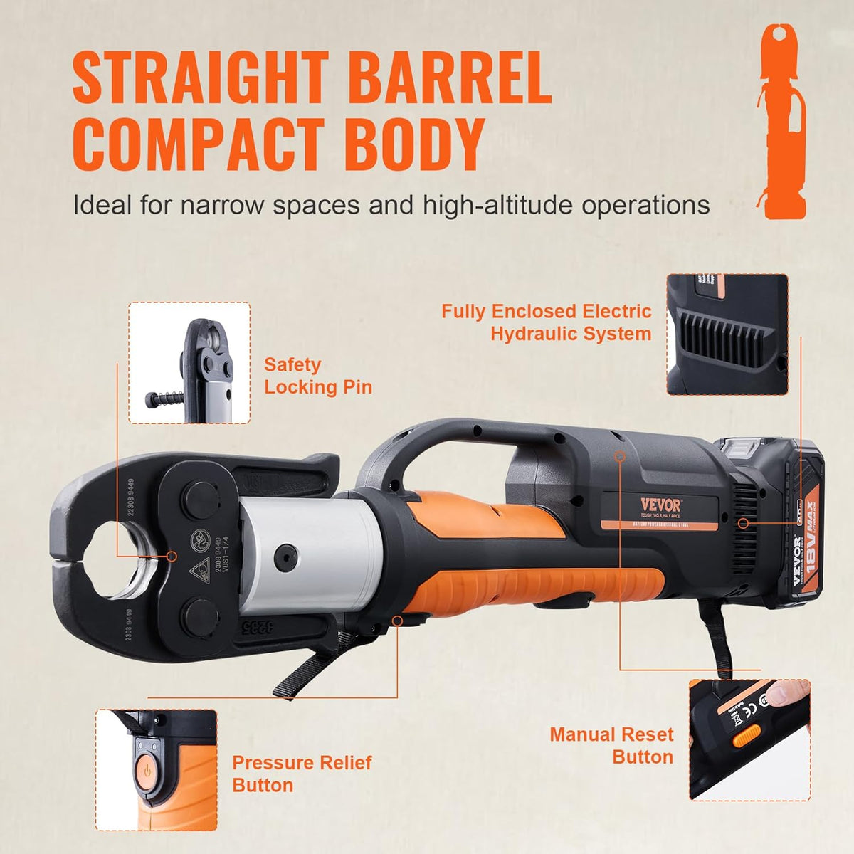 VEVOR 18V Electric Pipe Crimping Tool Press Tool Kit | 1/2" to 2" Copper Pipes, Compatible with ProPress, 6 VUS Press Jaws, 2pcs 4AH Battery & Fast Charger, Carrying Case