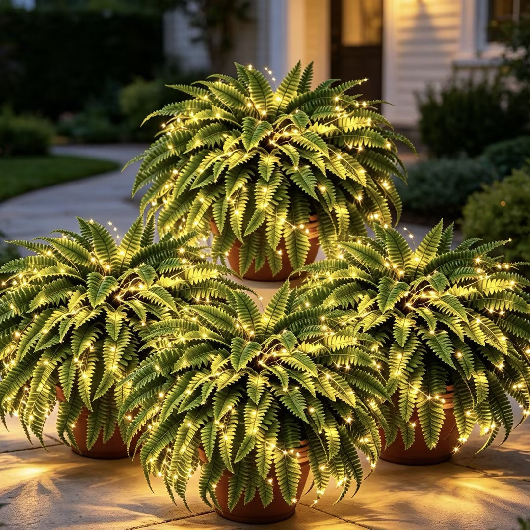 Boston ferns with decorative lights