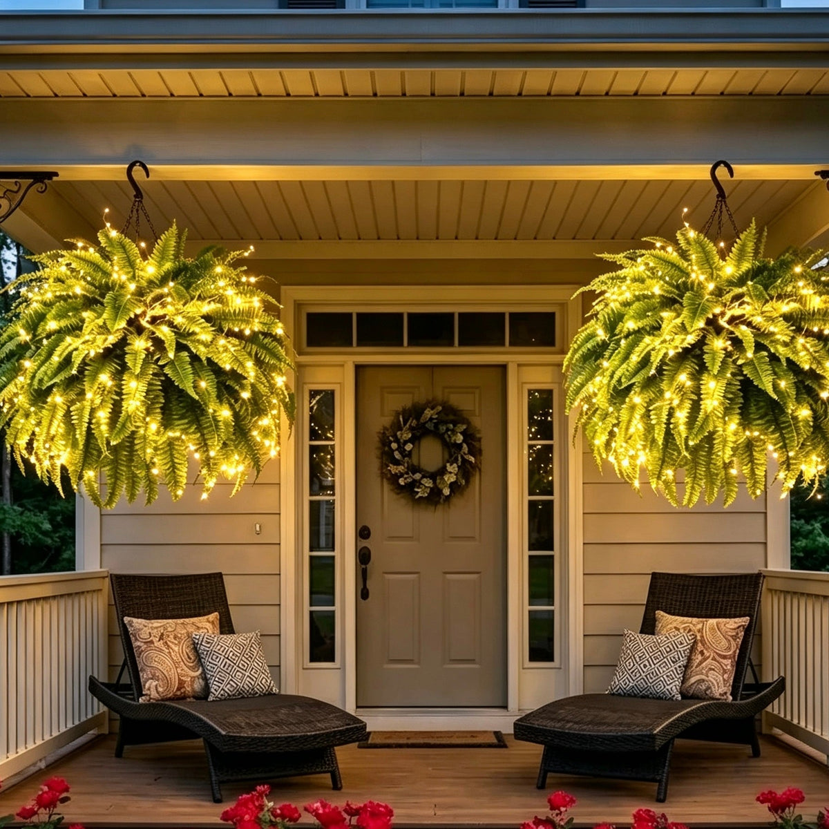 Glowing Boston Ferns with Lights